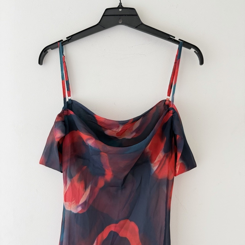Sheer Rose Print Slip Dress Cowl Neck S Mesh Maxi 90s Grunge Fairy Romantic - Picture 3 of 7